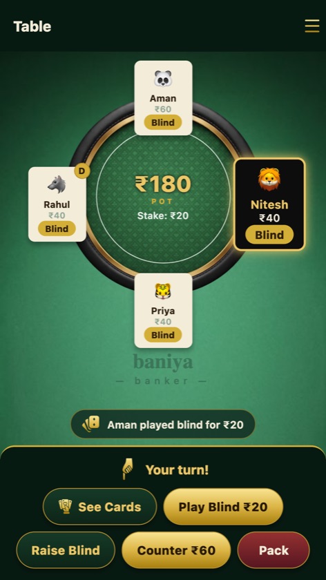 Live table with pot and players